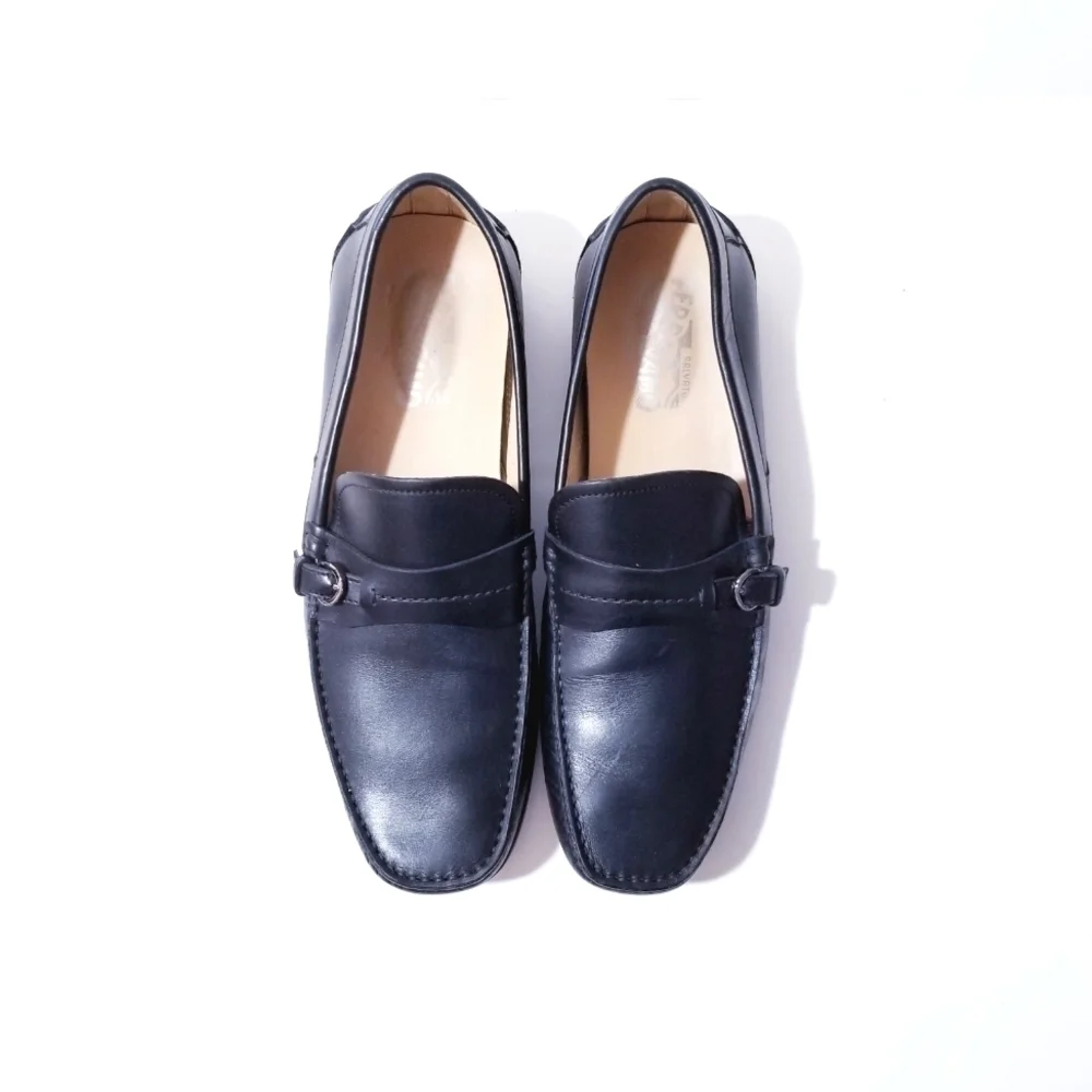 SALVATORE FERRAGAMO Black Leather Side Buckle Loafers Wine Vibram Sole 9.5